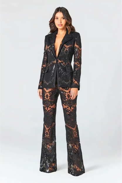 Lace Blazer & Flared Pants Set