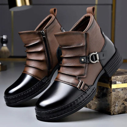 Two-Tone Buckle Strap Ankle Boots