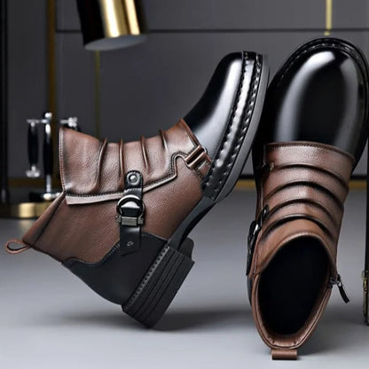 Two-Tone Buckle Strap Ankle Boots