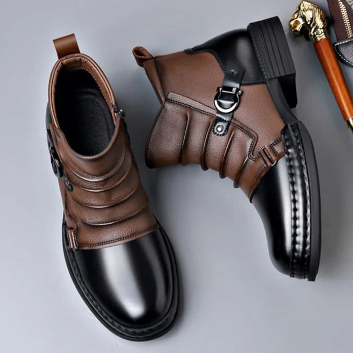 Two-Tone Buckle Strap Ankle Boots