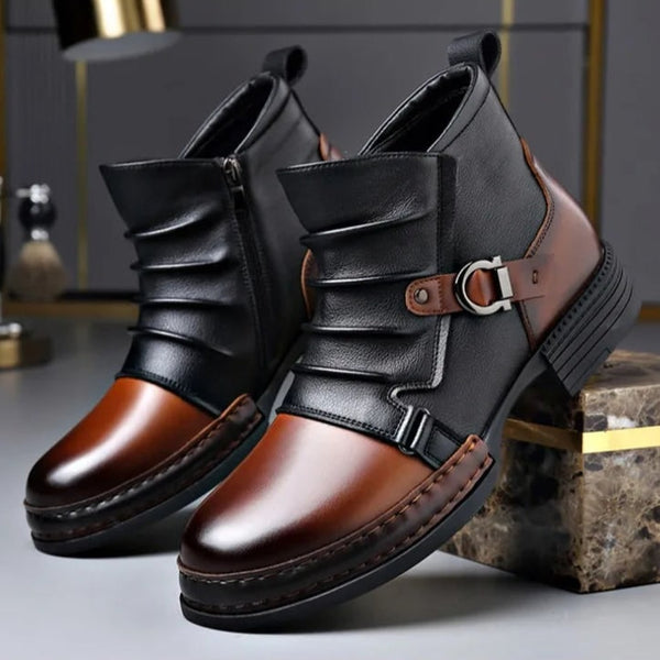Two-Tone Buckle Strap Ankle Boots