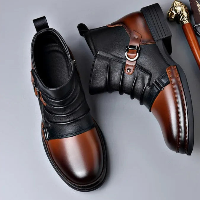 Two-Tone Buckle Strap Ankle Boots