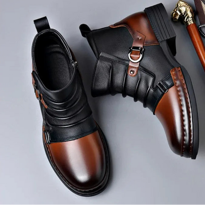Two-Tone Buckle Strap Ankle Boots