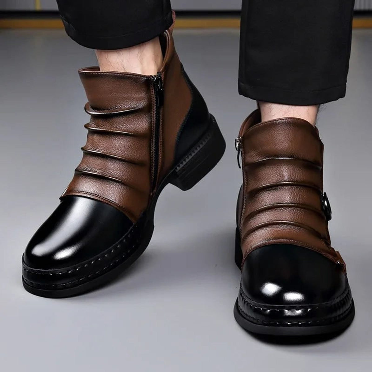 Two-Tone Buckle Strap Ankle Boots