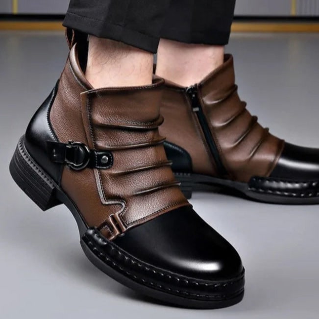 Two-Tone Buckle Strap Ankle Boots