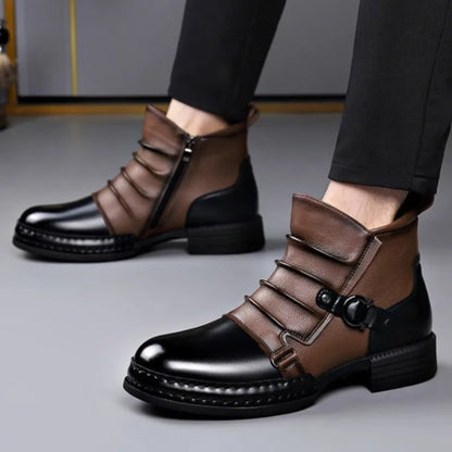 Two-Tone Buckle Strap Ankle Boots