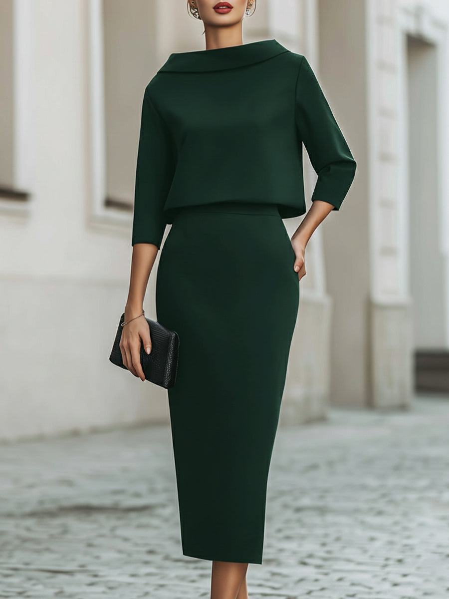 Boat Neck Top and Midi Skirt Set