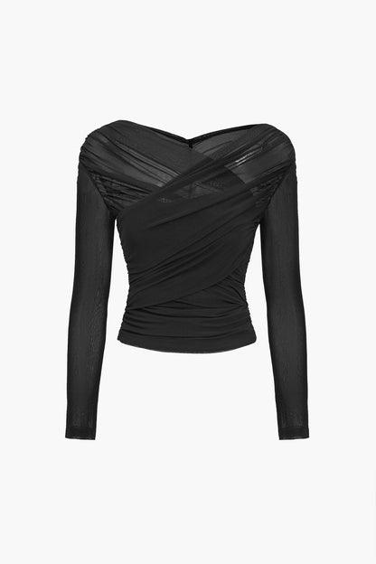 Ruched Mesh Long Sleeve Top