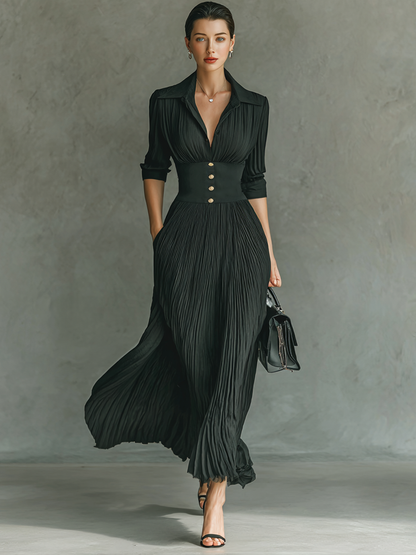 Pleated Lapel Waist Maxi Dress