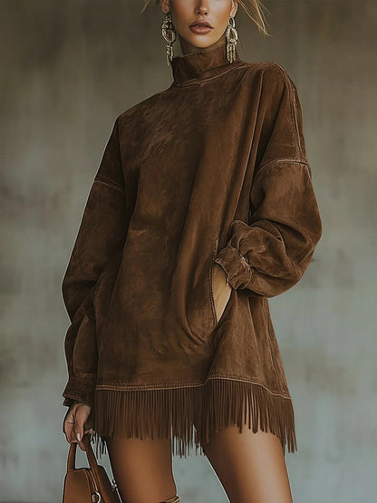 Adeline Mock Neck Fringe Knit Sweater Dress