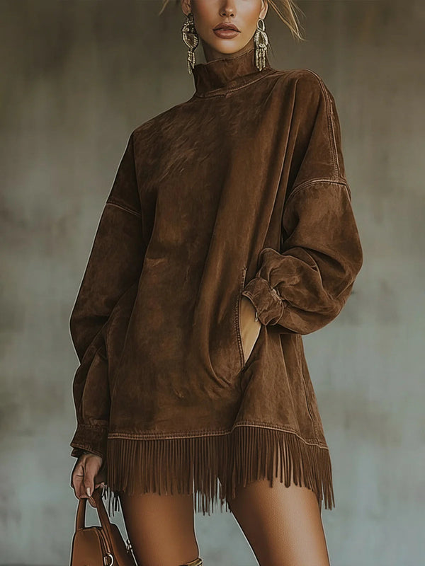 Adeline Mock Neck Fringe Knit Sweater Dress