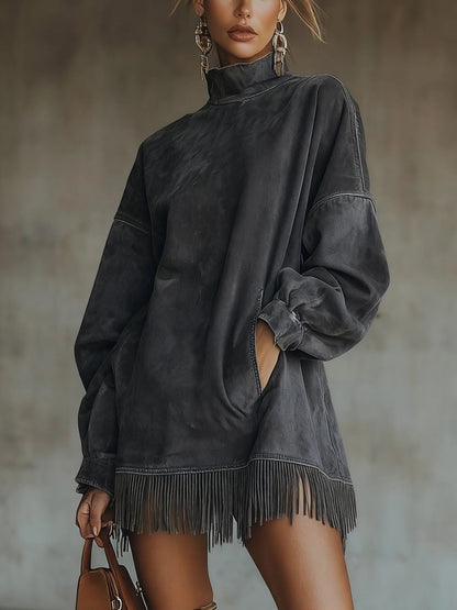 Adeline Mock Neck Fringe Knit Sweater Dress