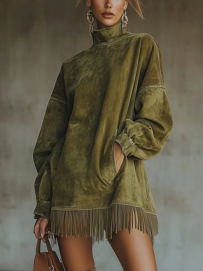 Adeline Mock Neck Fringe Knit Sweater Dress