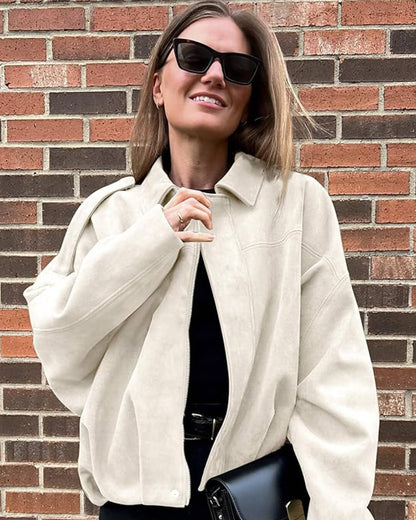 Faux Suede Bomber Jacket with Collar