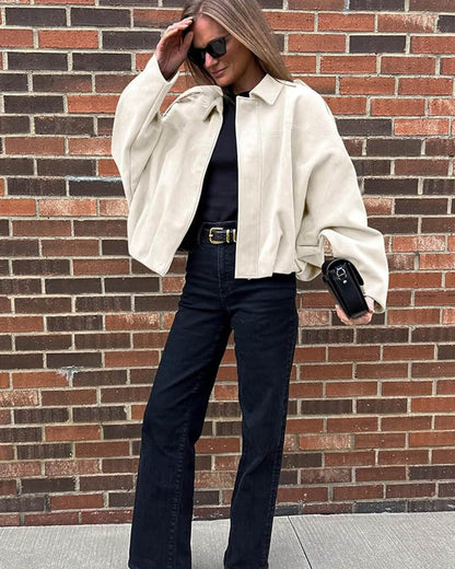 Faux Suede Bomber Jacket with Collar