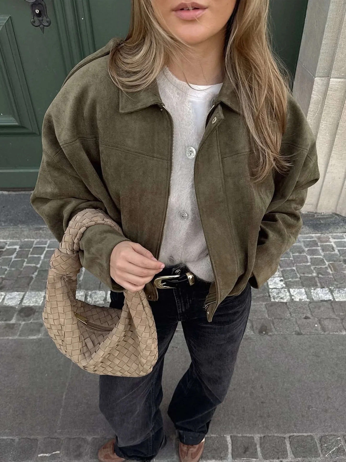 Faux Suede Bomber Jacket with Collar