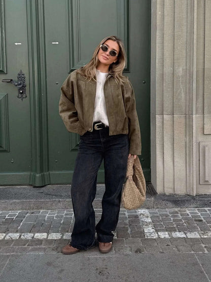 Faux Suede Bomber Jacket with Collar