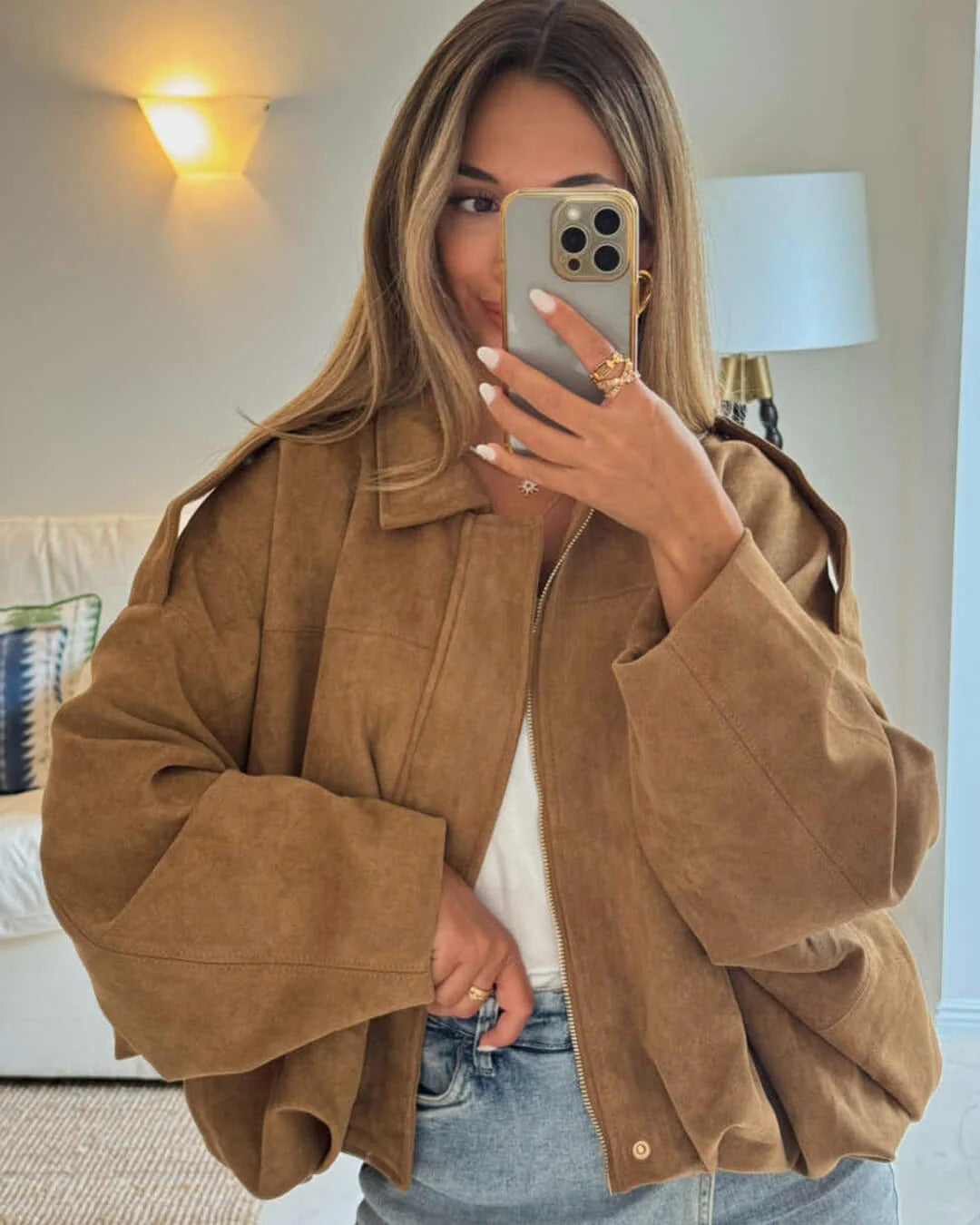Faux Suede Bomber Jacket with Collar
