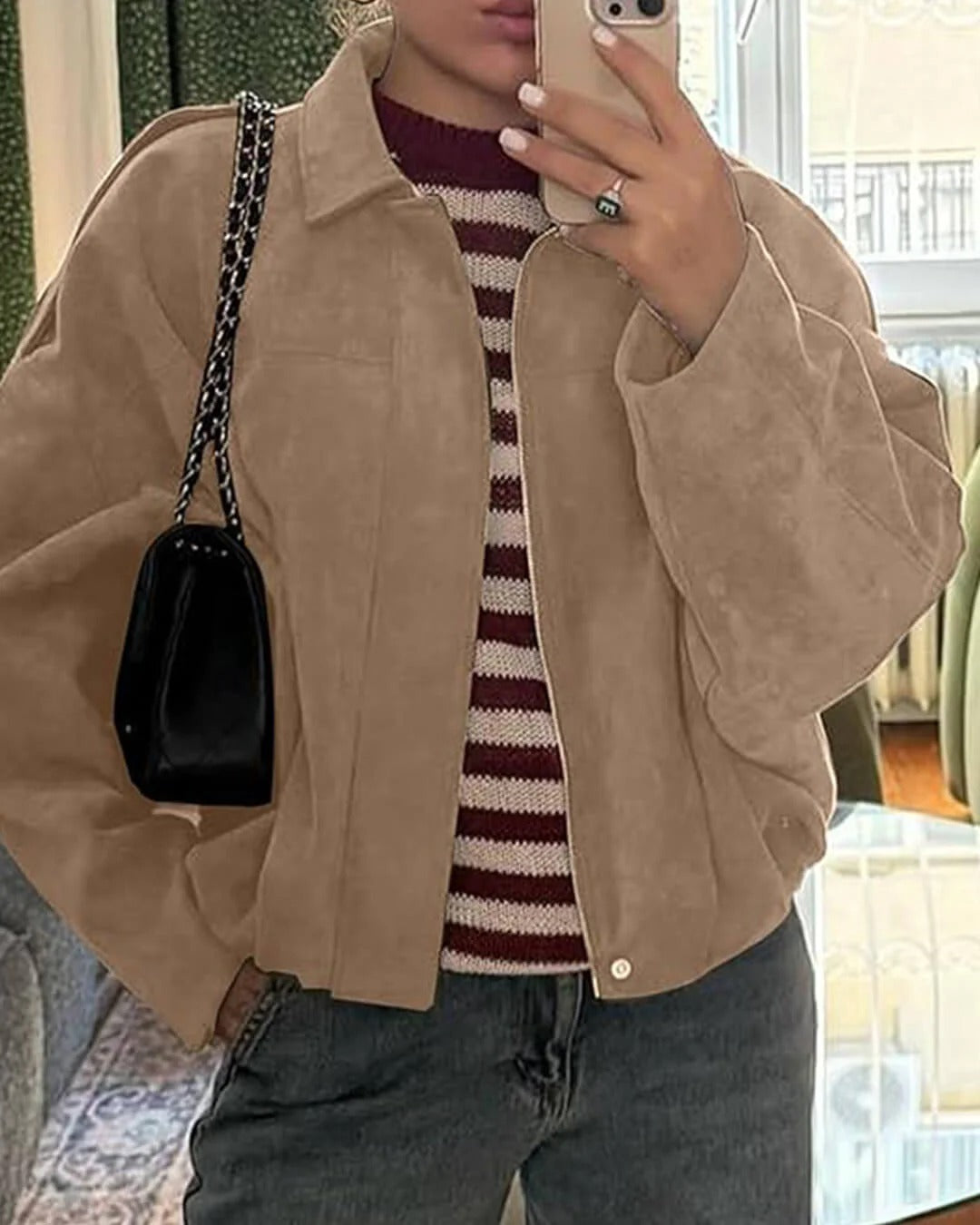 Faux Suede Bomber Jacket with Collar