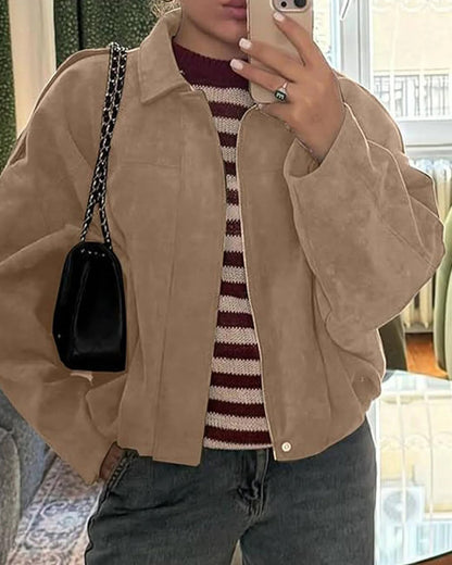 Faux Suede Bomber Jacket with Collar