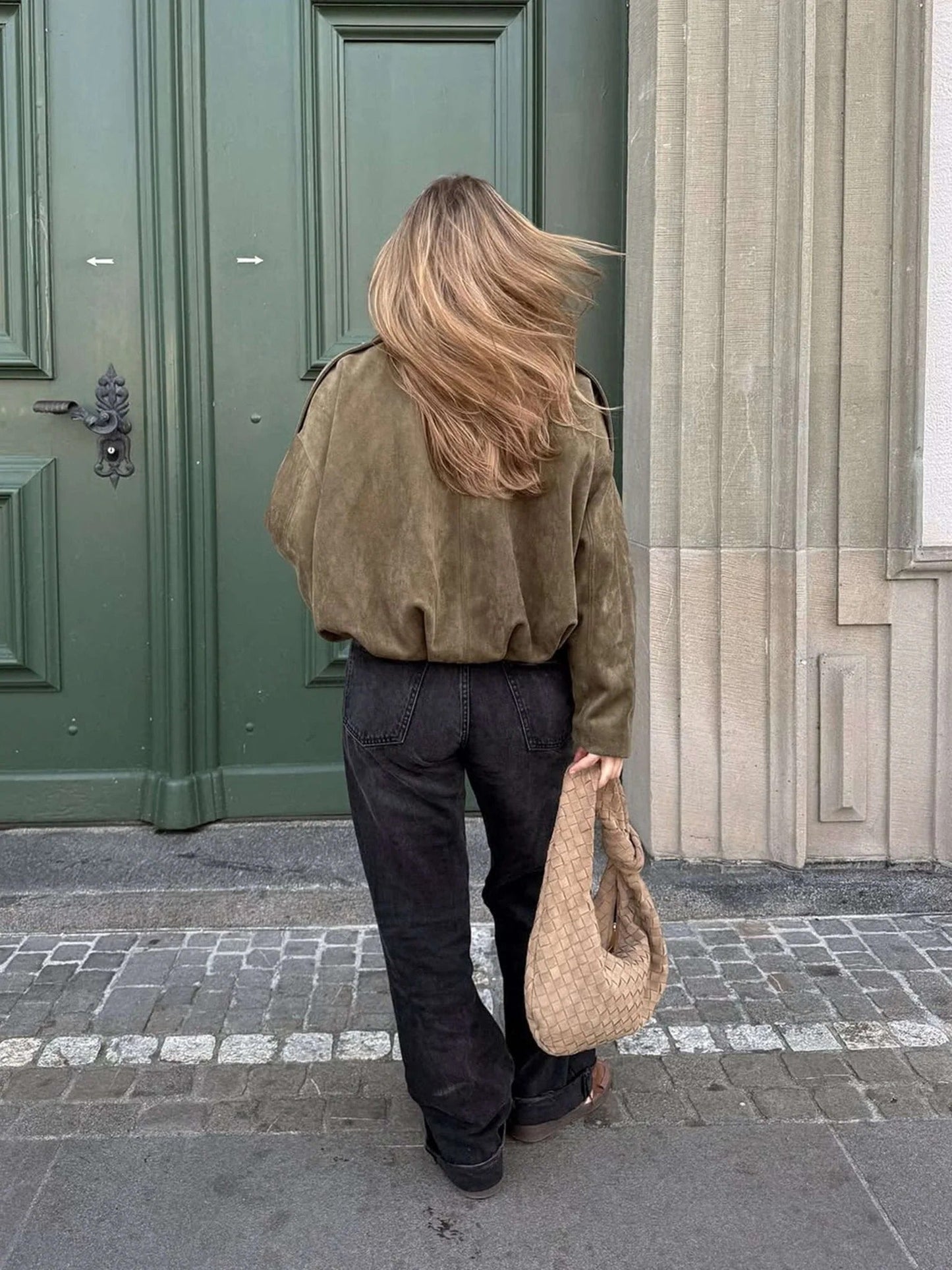 Faux Suede Bomber Jacket with Collar