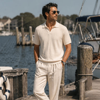 Ribbed Knitted Polo Slim Fit V Neck