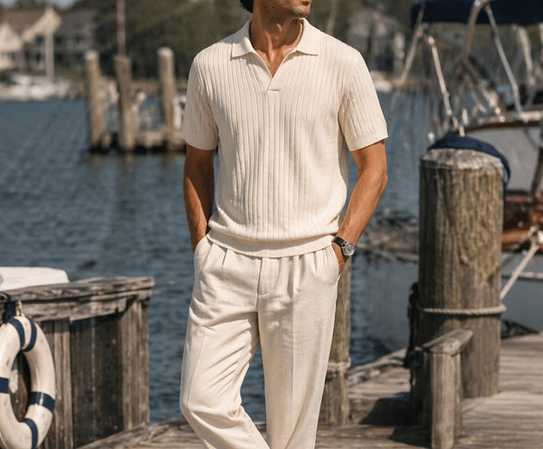 Ribbed Knitted Polo Slim Fit V Neck