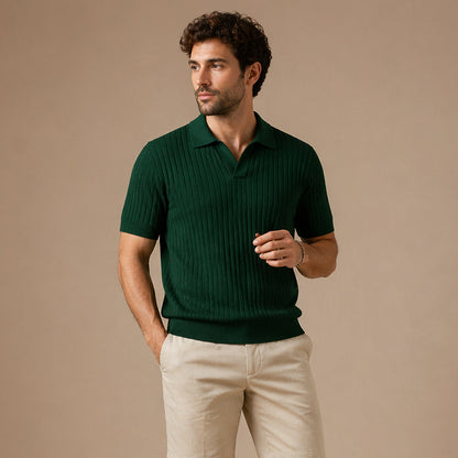 Ribbed Knitted Polo Slim Fit V Neck