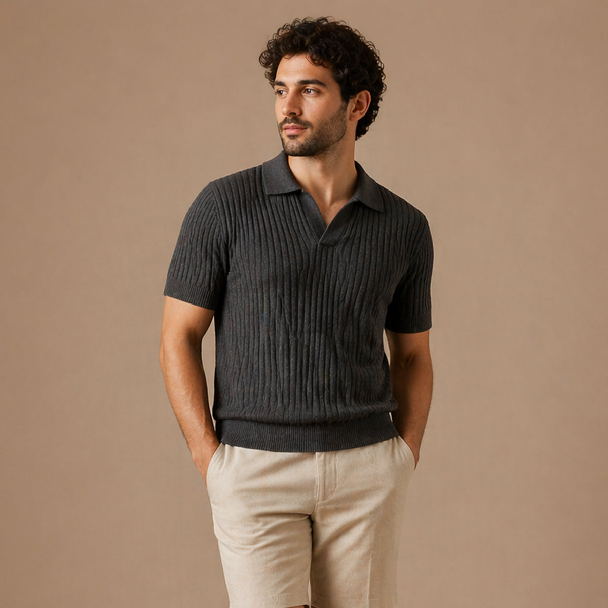 Ribbed Knitted Polo Slim Fit V Neck