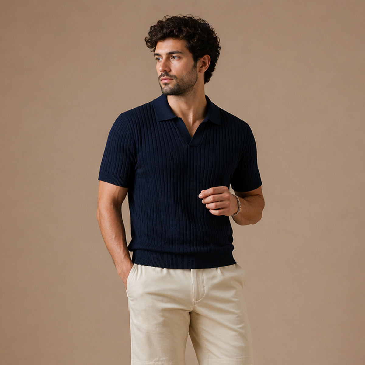 Ribbed Knitted Polo Slim Fit V Neck