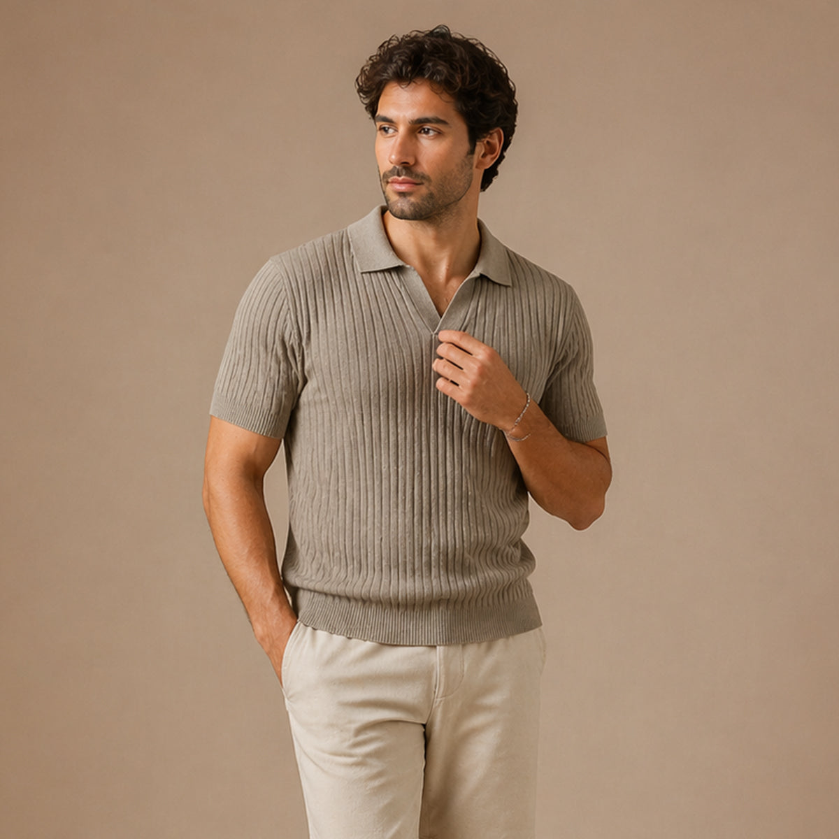 Ribbed Knitted Polo Slim Fit V Neck