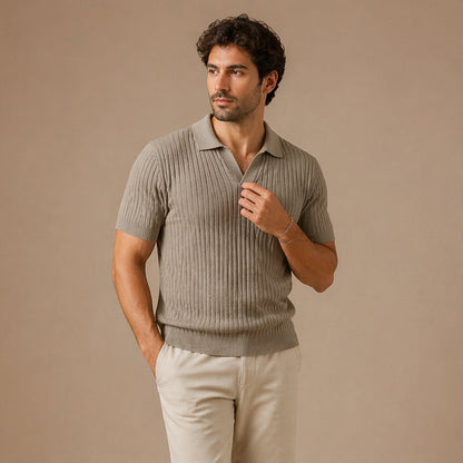 Ribbed Knitted Polo Slim Fit V Neck