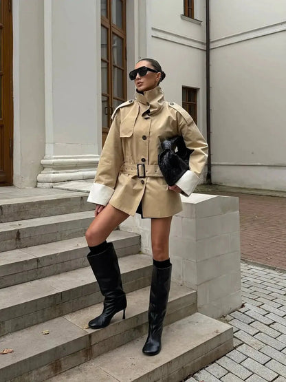 Contrast-Cuff Trench Jacket