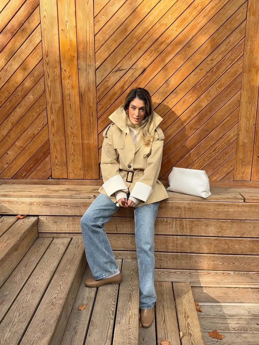 Contrast-Cuff Trench Jacket