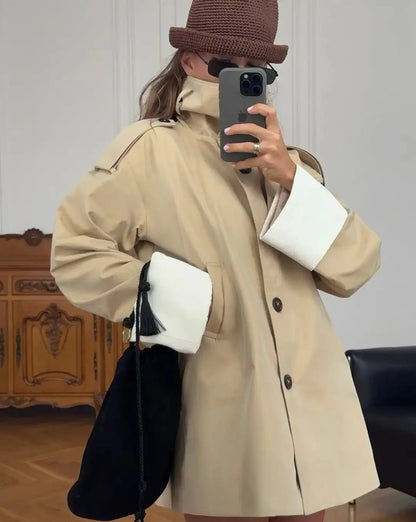 Contrast-Cuff Trench Jacket