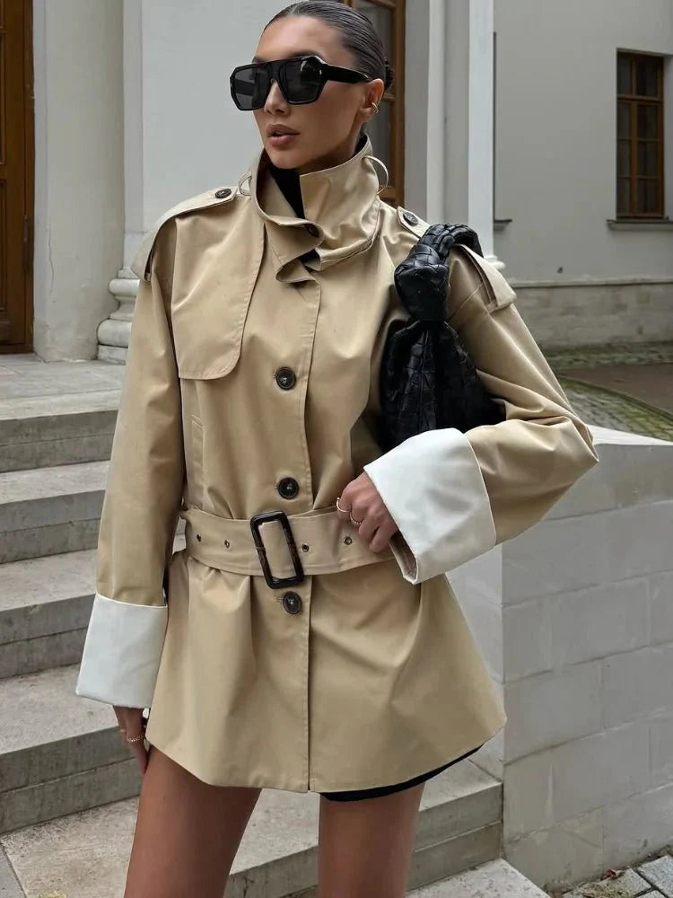 Contrast-Cuff Trench Jacket