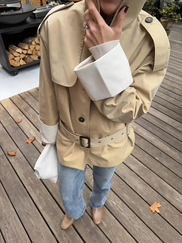 Contrast-Cuff Trench Jacket