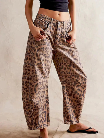 Wide Leg High Waist Leopard Print Denim Pants