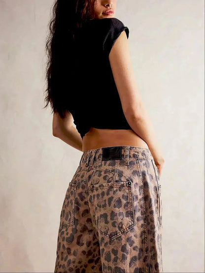 Wide Leg High Waist Leopard Print Denim Pants