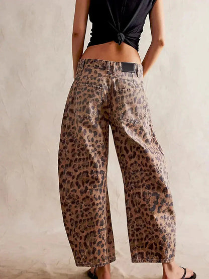 Wide Leg High Waist Leopard Print Denim Pants