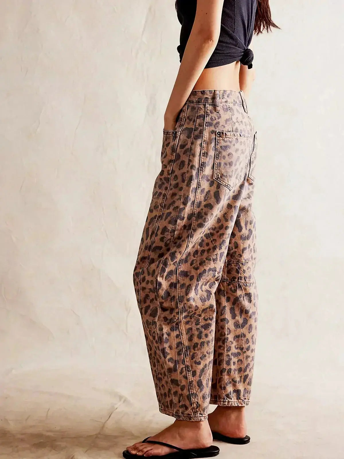 Wide Leg High Waist Leopard Print Denim Pants