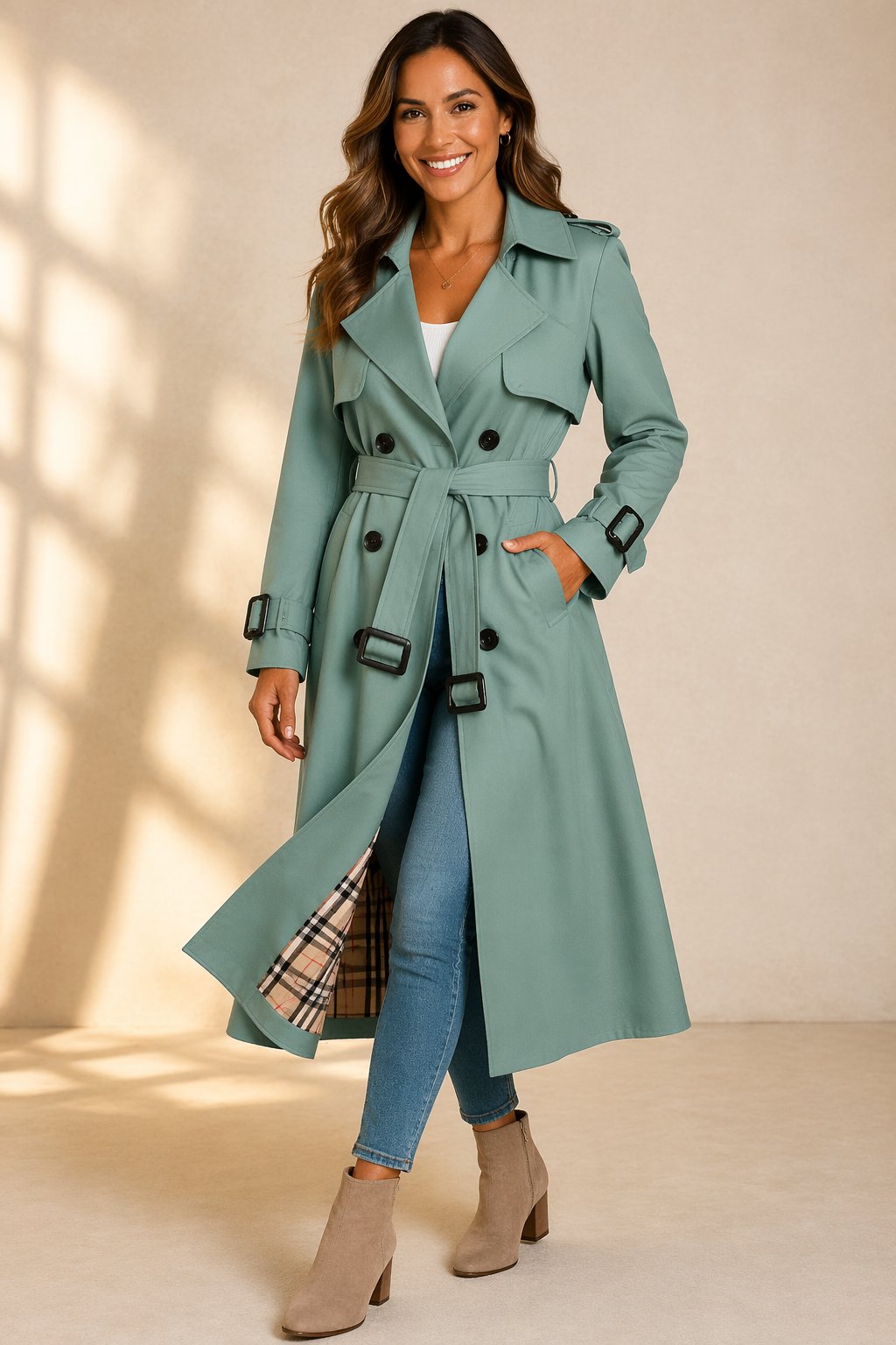 Violaine Double-Breasted Belted Long Trench Coat