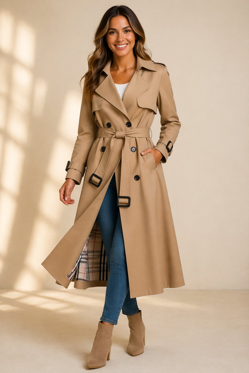 Violaine Double-Breasted Belted Long Trench Coat