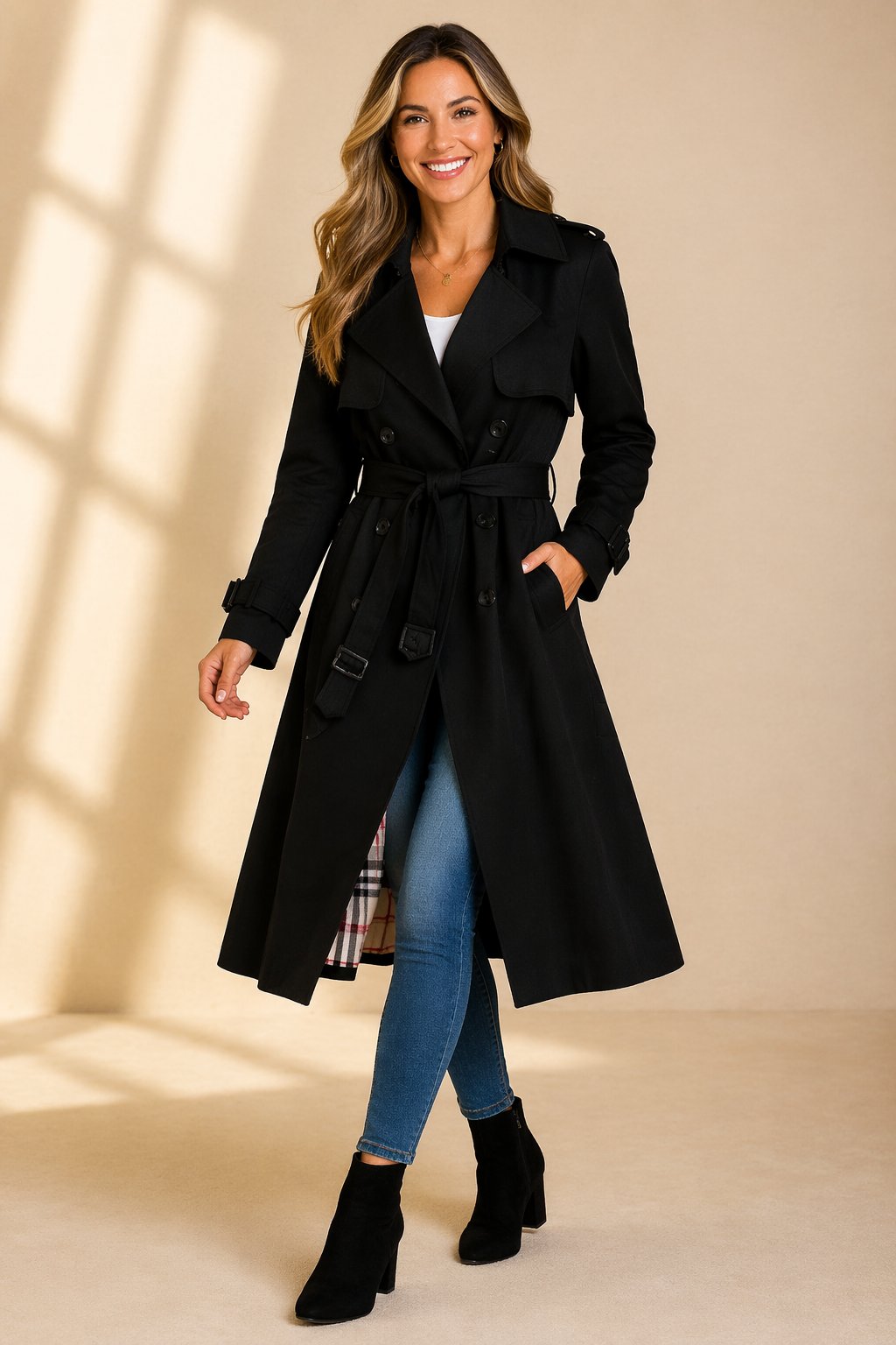 Violaine Double-Breasted Belted Long Trench Coat