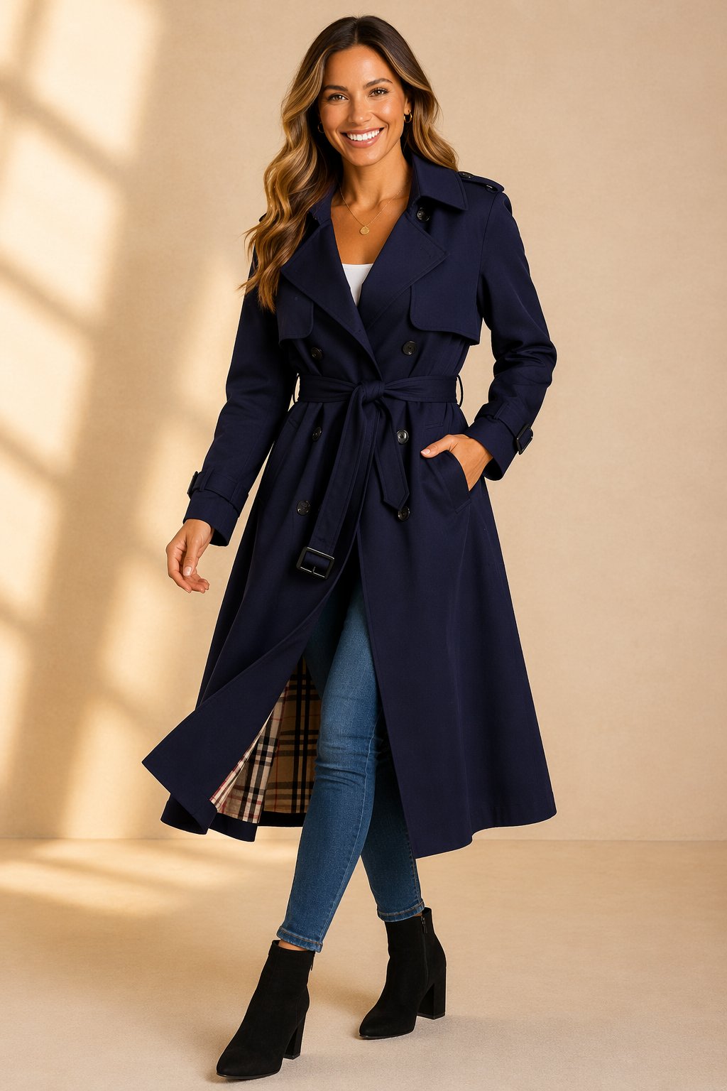 Violaine Double-Breasted Belted Long Trench Coat